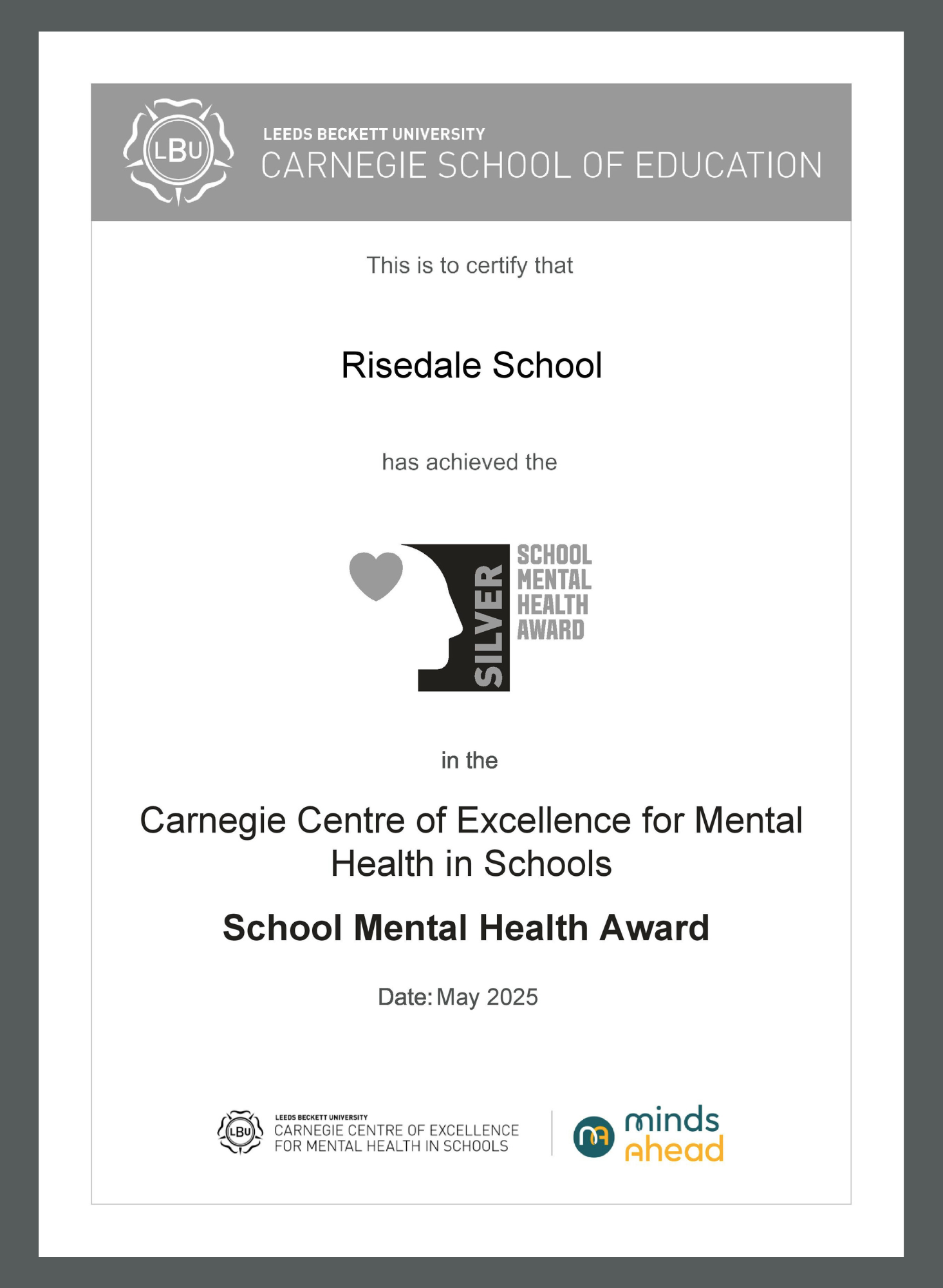 School Mental Health Award Cert A4